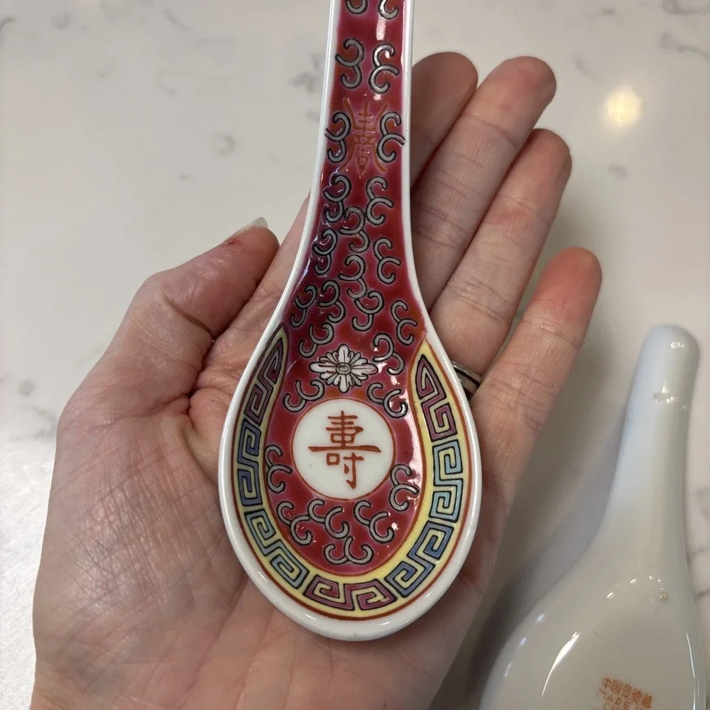 VTG Chinese Porcelain Spoons Geometric Designs‎ With Chinese Characters 5.5